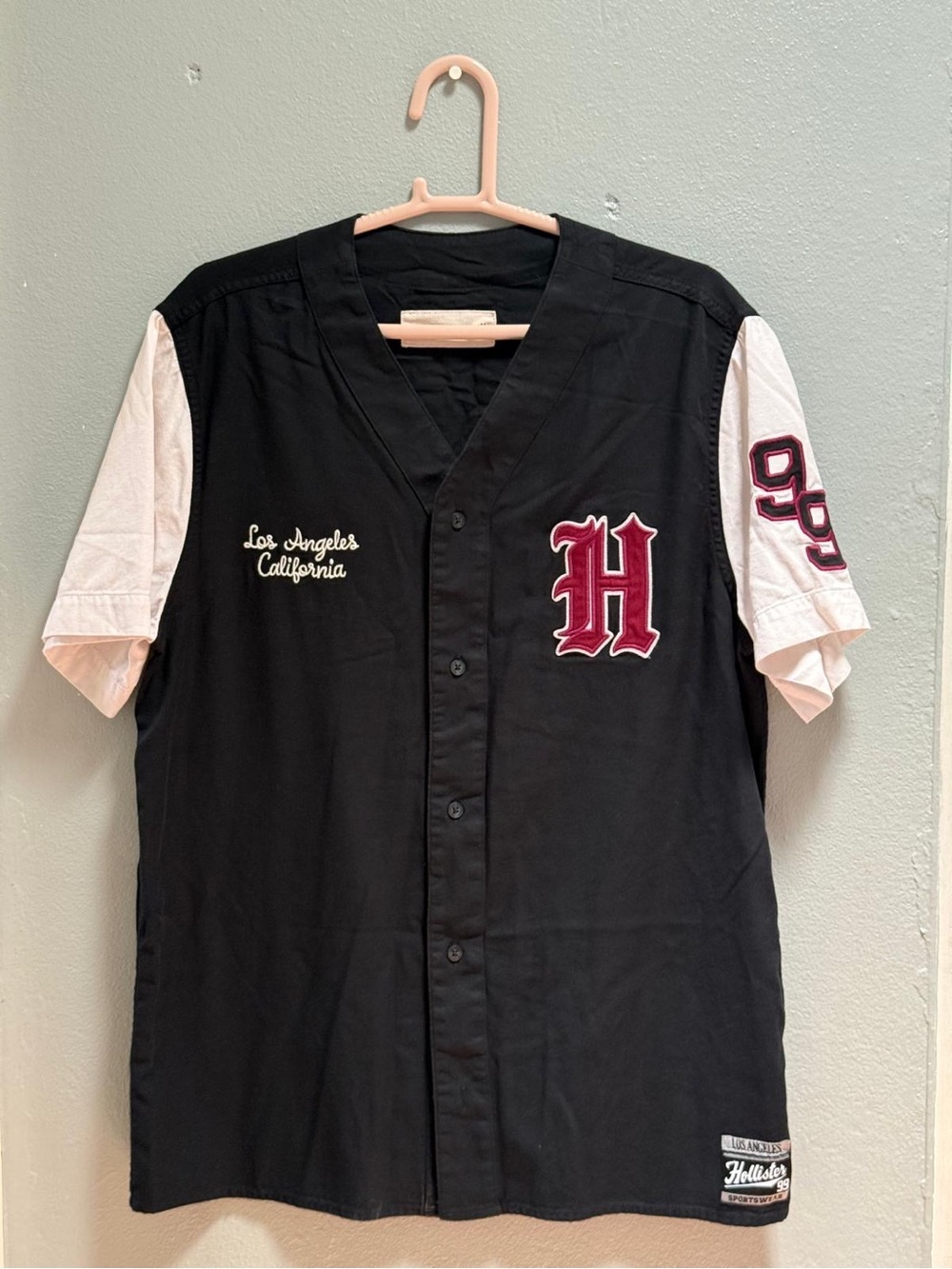 Hollister Black Baseball Jersey Shirt Mens Button Front V-Neck Size Medium